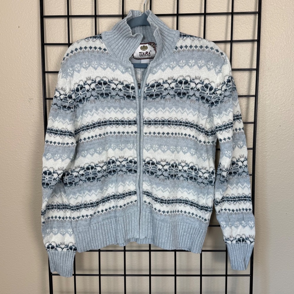 Vintage Tiara International Zip Cardigan Women Medium Blue Fair Isle Sweater